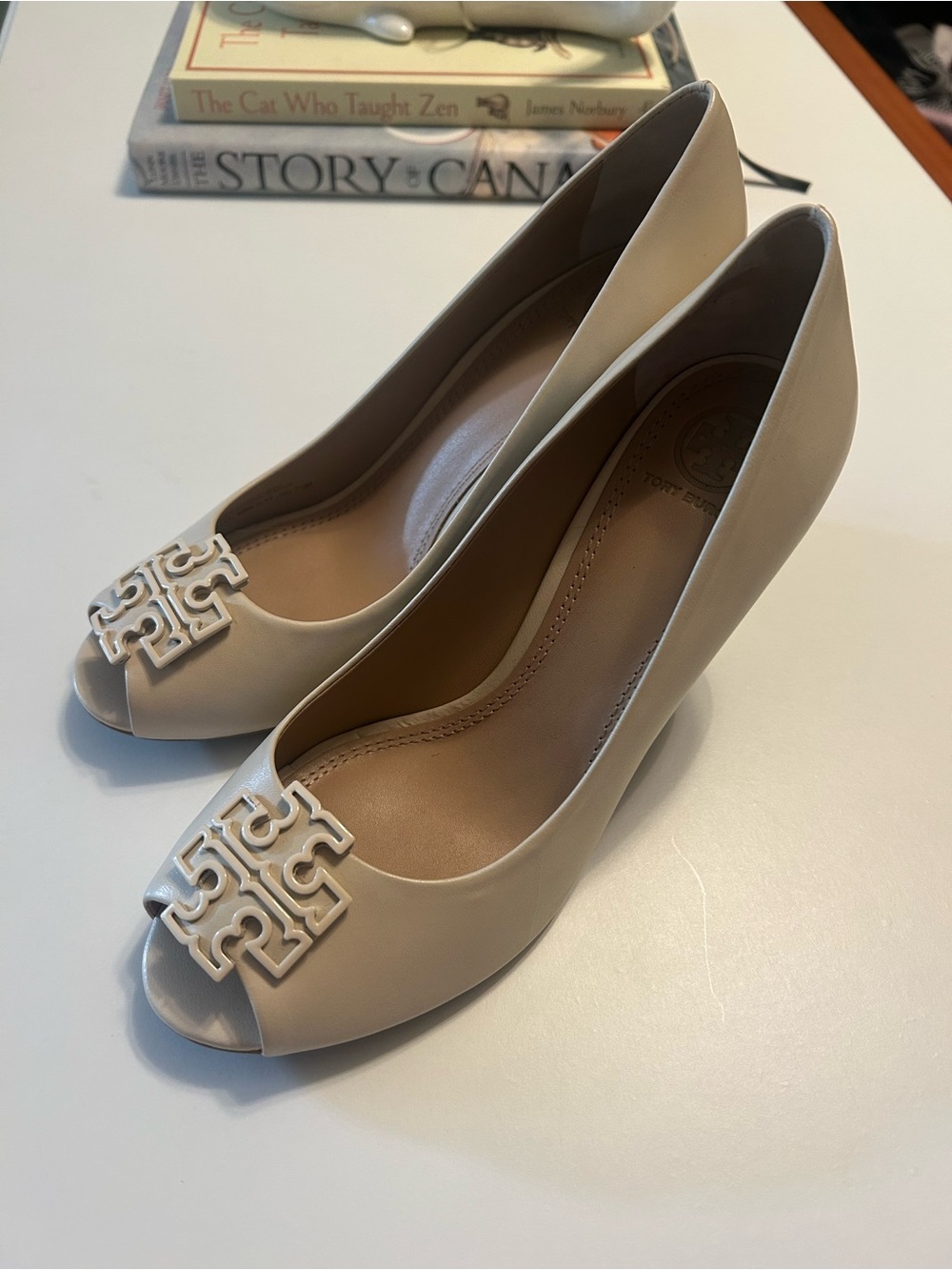 Tory Burch Nude/Cream Peep-Toe Wedge Heels with Logo Accent